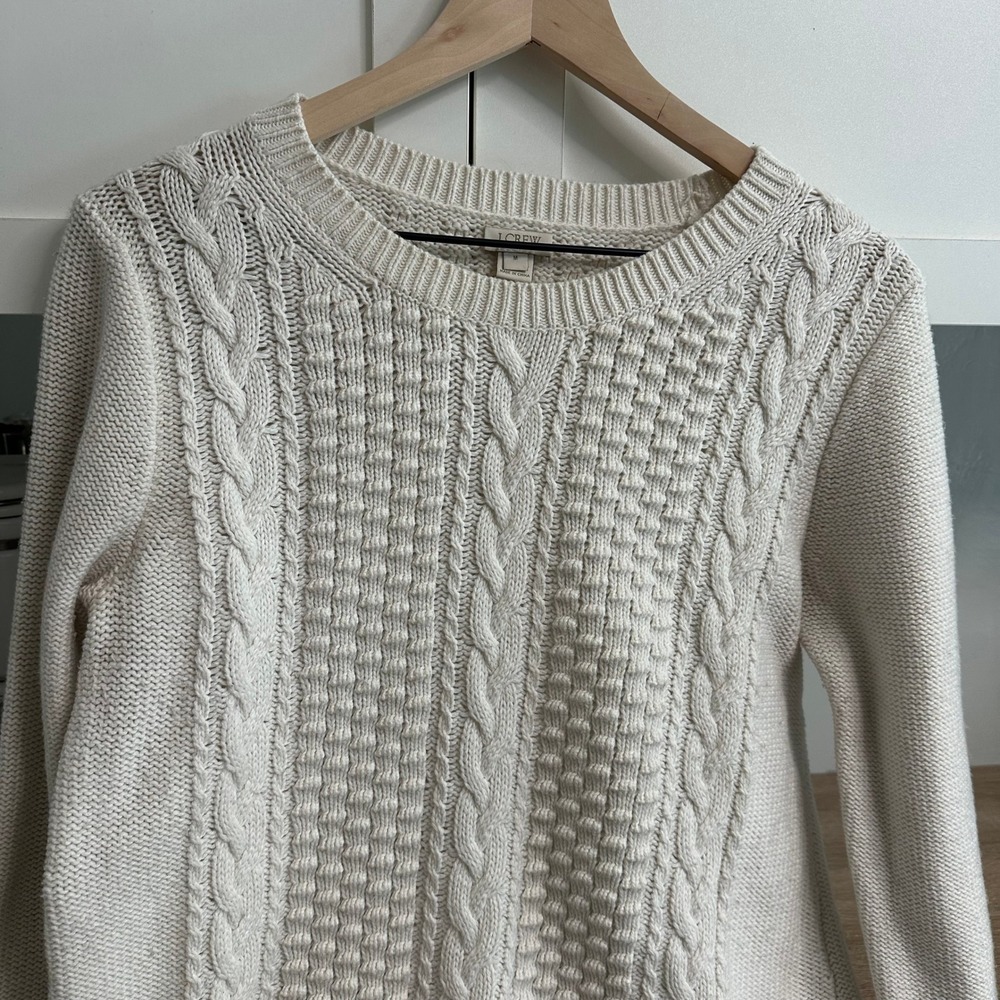 J.Crew Cable‎ Knit Sweater Womens M Cream Cotton Wool Crewneck Fisherman Coastal - Picture 10 of 13